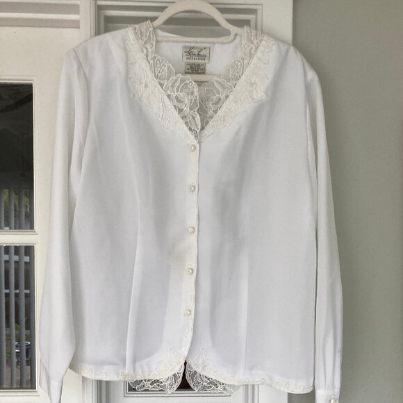 Kathi Lee Vintage White Long Sleeve Lace Trim Blouse 14/16 - Picture 1 of 7